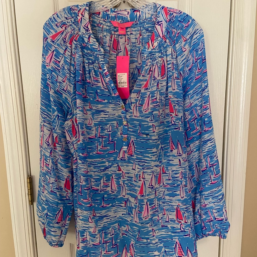 Lilly Pulitzer Sz XL silk Elsa blouse NWT Sailboats
